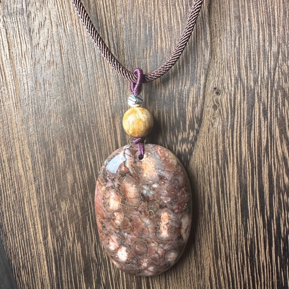 Ocean Jasper Pendant Necklace, Palo Santo Bead on Brown Rope - Picture 9 of 11